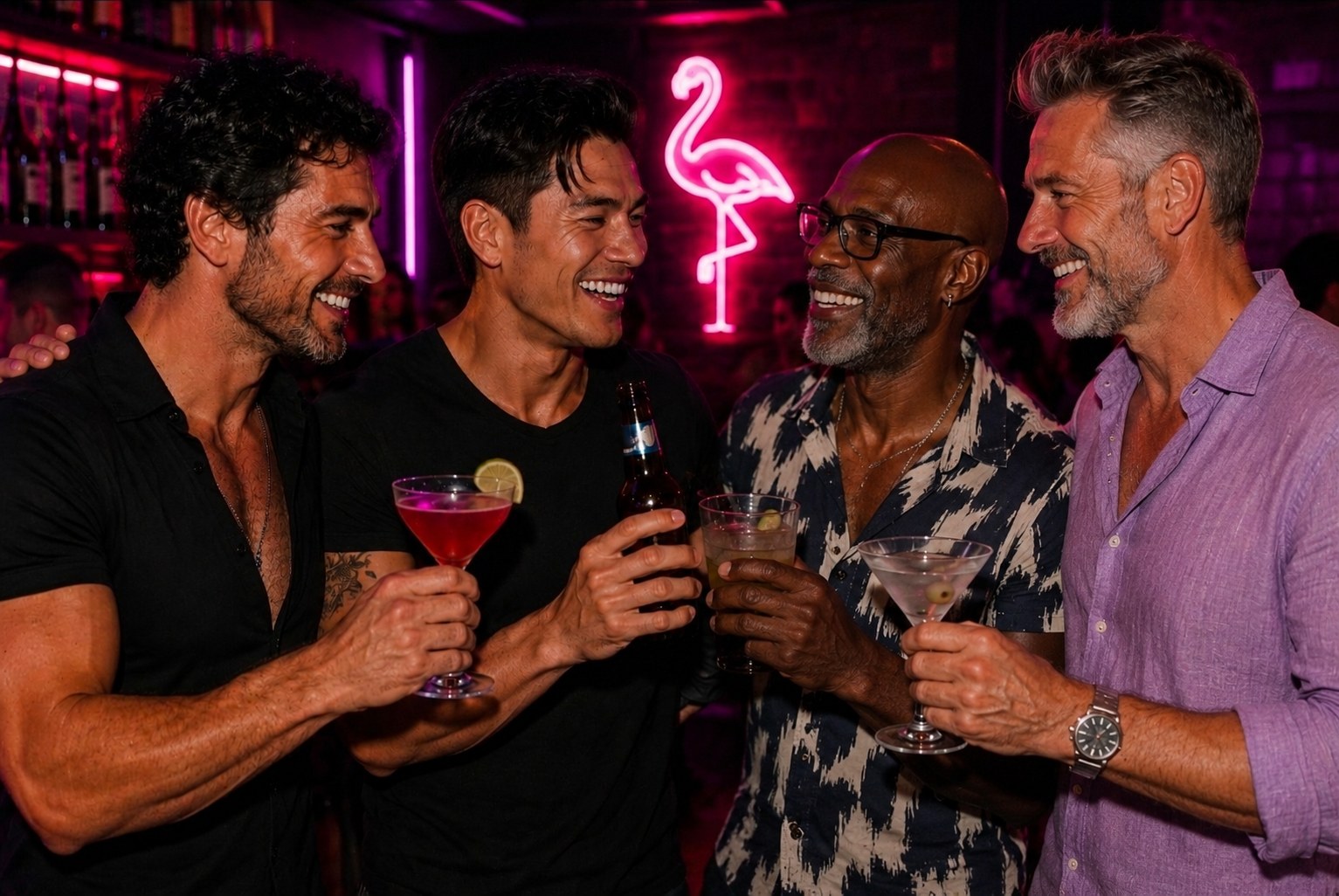 Friends enjoying cocktails at a neon-lit Amsterdam gay bar